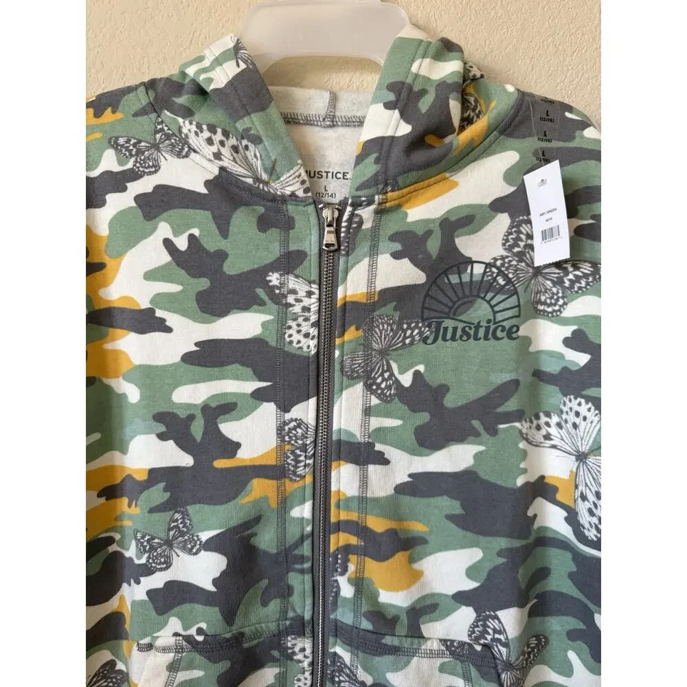 Justice Army Green Butterflies Fleece Full Zip Up Hoodie Jacket Size L 12/14